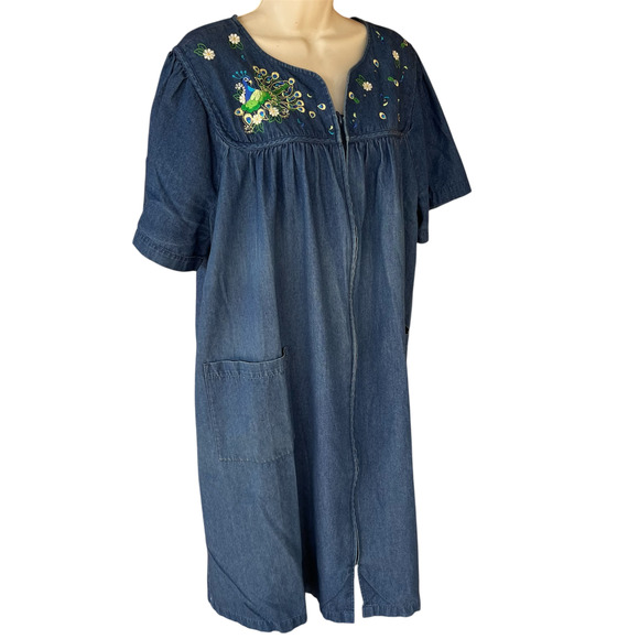 Go Softly Chambray Denim Patio Dress Zip Front Embroidered Pockets Womens XL - Picture 3 of 9